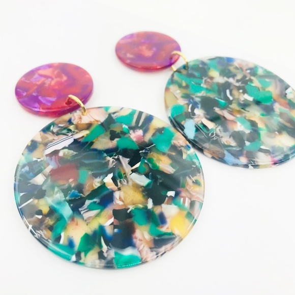 Circle Drop Earrings in Green with Pink Stud - Picture 2 of 8